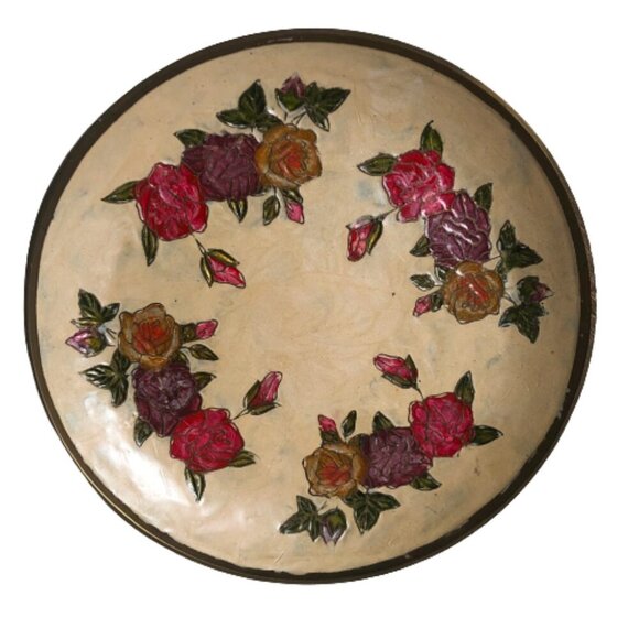 Vintage set of two floral brass and enamel plates - Picture 3 of 16